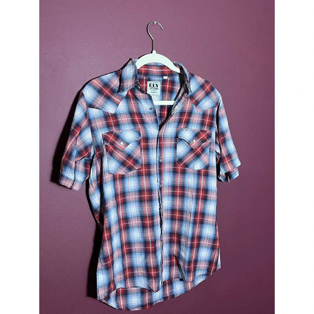Ely Cattleman Mens Red White Blue Plaid Western Pearl Snap Short Sleeve Shirt